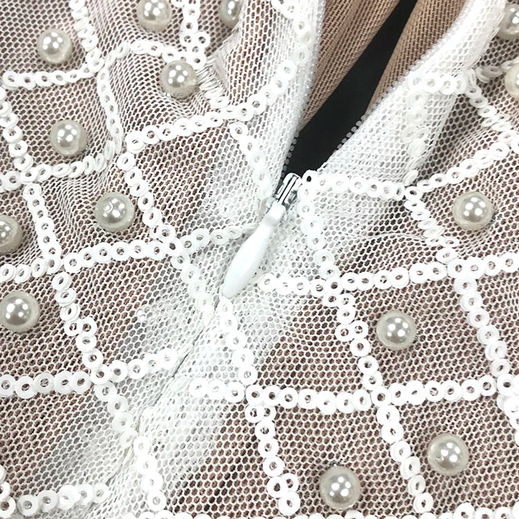 VC Pearl Sequins Hollow Out Short Dress For Women Sexy Long Sleeve Key Hole Bow Tie Diamond Beige Mini Evening Party Dress