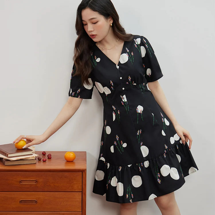 Niche Color Contrast Design Printed V-neck Dress for Women Summer Special X-shaped High Waist Light Dress Female