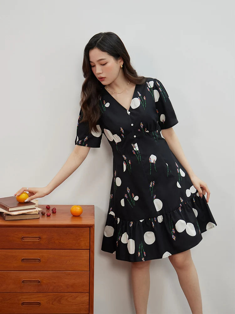 Niche Color Contrast Design Printed V-neck Dress for Women Summer Special X-shaped High Waist Light Dress Female