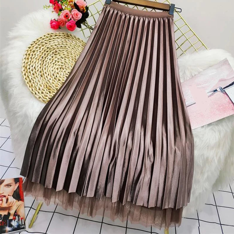 Both Sides Wear Pearls Mesh Skirt Women Summer Velvet High Waist Long Skirts Woman Solid Color A Line Pleated Skirts