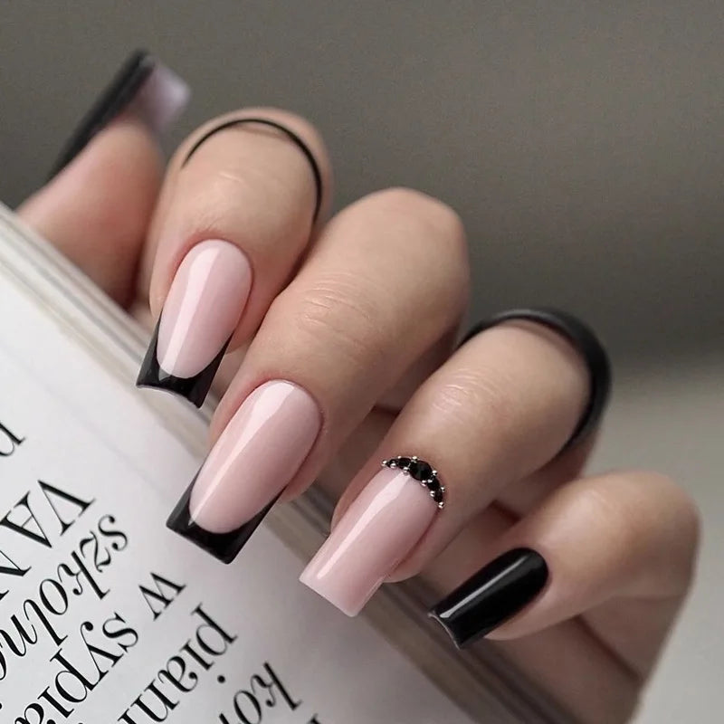 Black Press on Nails with Sticky Tabs Short Square False Nails Tips Solid Color Full Cover Wearable Fake Nails for Women 24Pcs