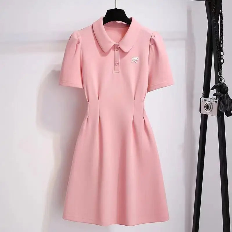 Women Preppy Style Clothing French Sporty Pink Polo T-shirt Dresses Summer New Lady Casual Embroidery Letter Solid Dress Pink