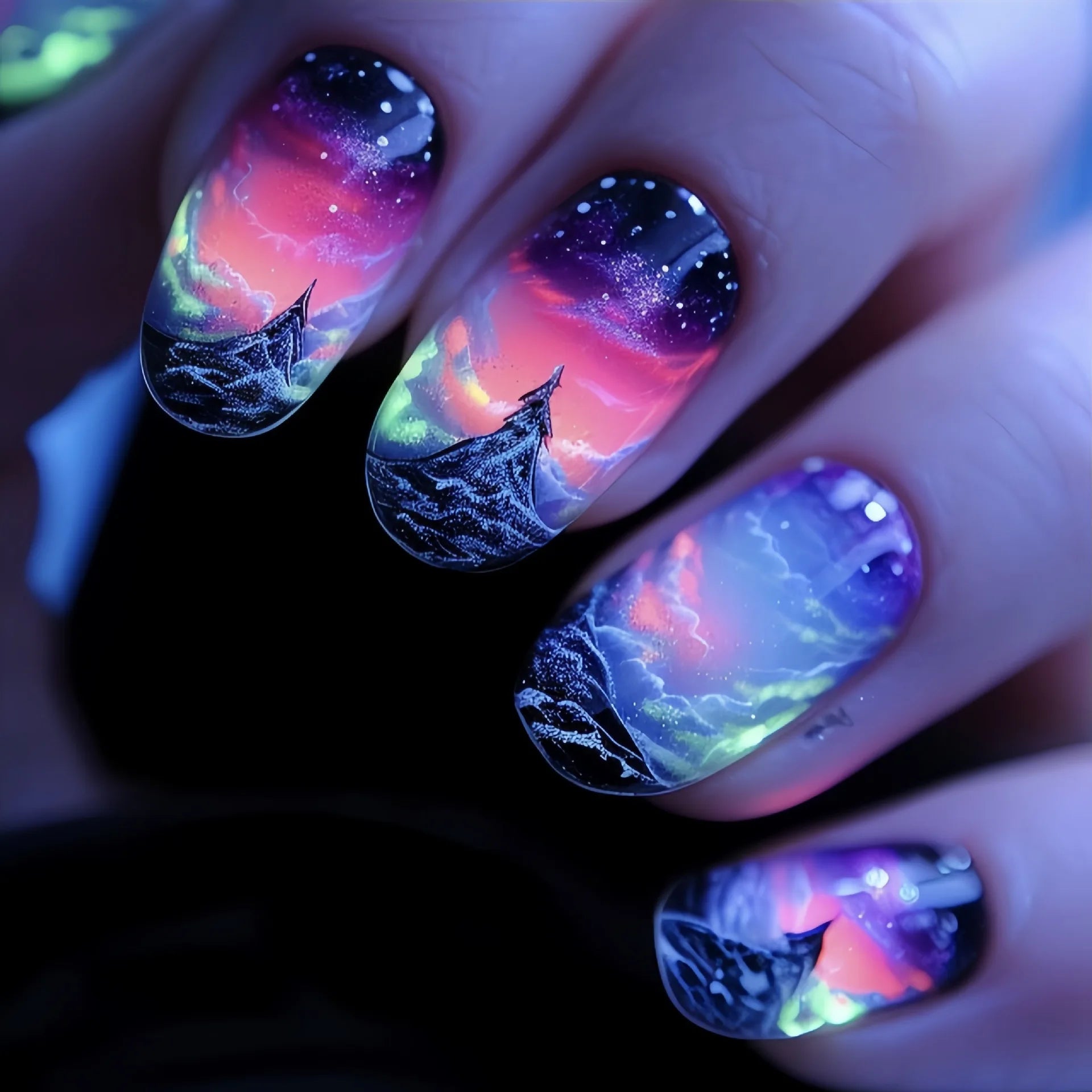 24pcs/set fake nails short middle ballet square nail tips Dreamy colors flowers clouds forest design press on false nails art