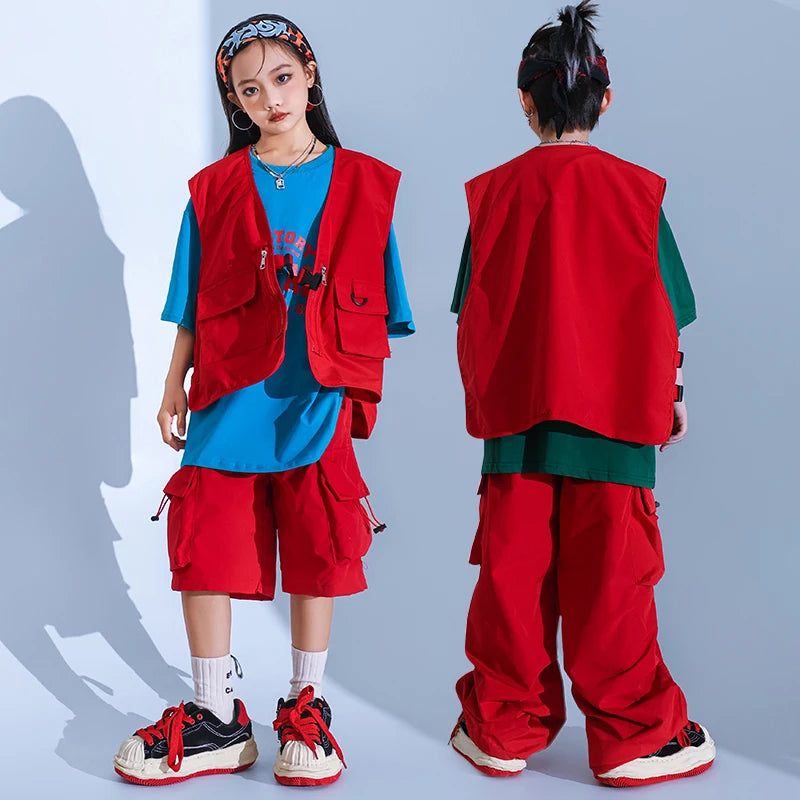 Boys Hip Hop Pants Outfits Red Vest Cargo Pants Girls Streetwear Children Joggers Street Dance Kids Jazz Costumes Clothes Sets