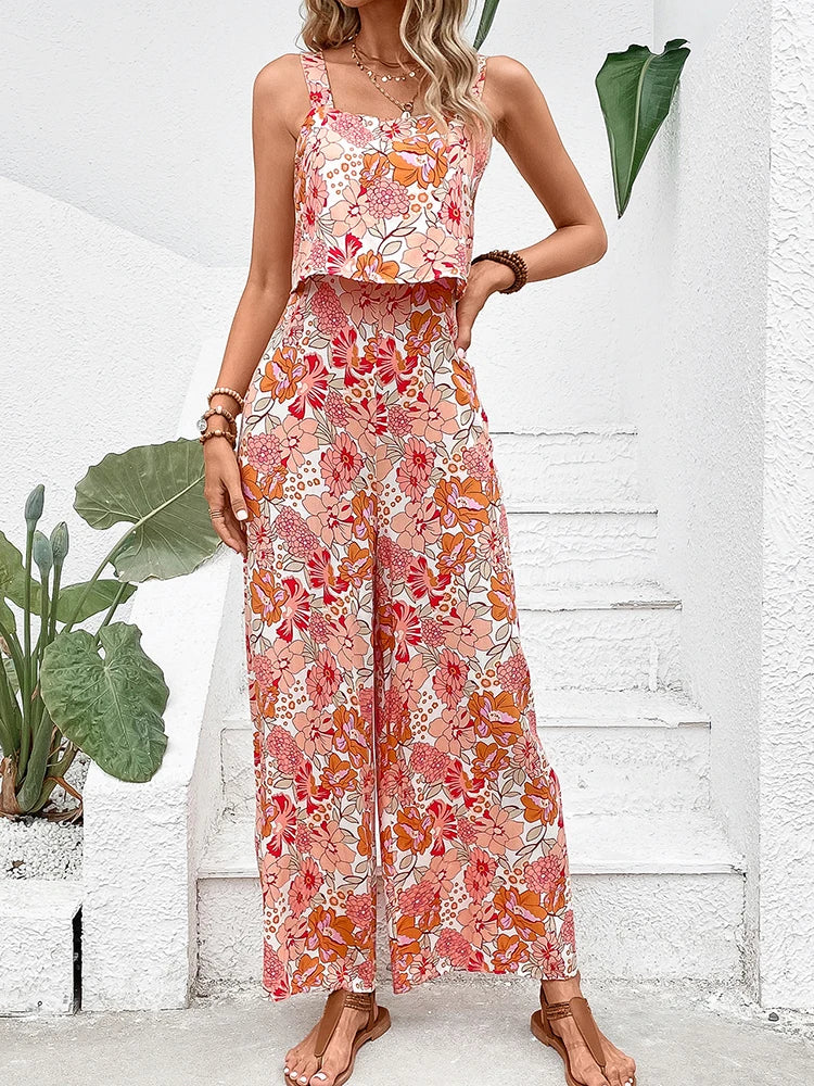 Elegant Long Jumpsuit Women Sexy Backless Wide Leg Jumpsuits Casual Sleeveless Floral Rompers Summer Clothes For Woman New