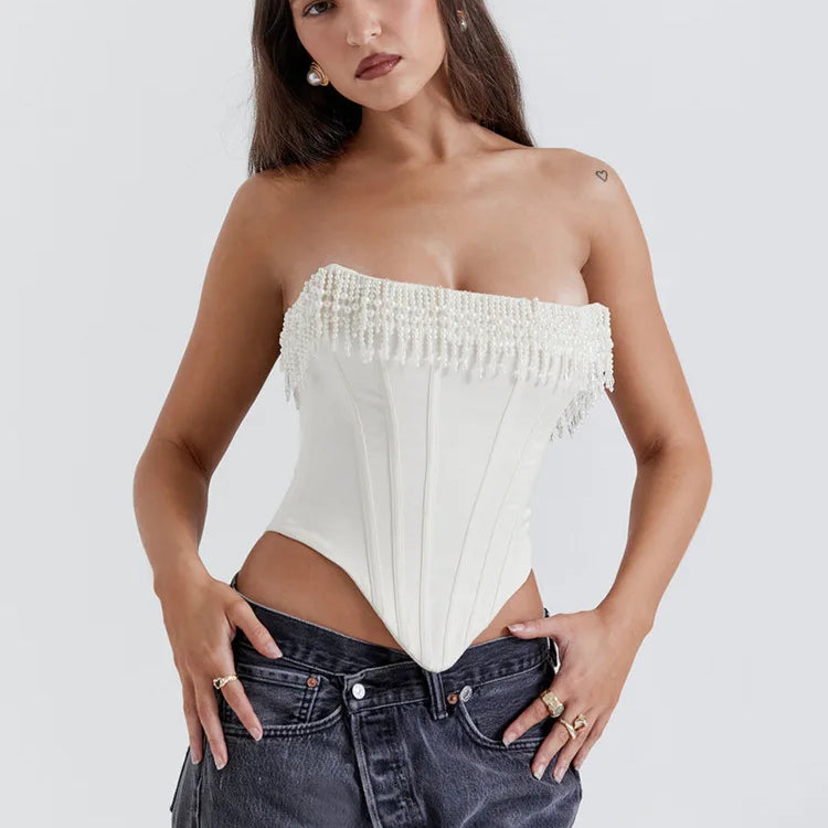 Mozision Pearl Tassel Sexy Crop Tops Women Off-shoulder Backless Skinny Corset Tops Femme Satin Fashion Club Party Tops Mujer