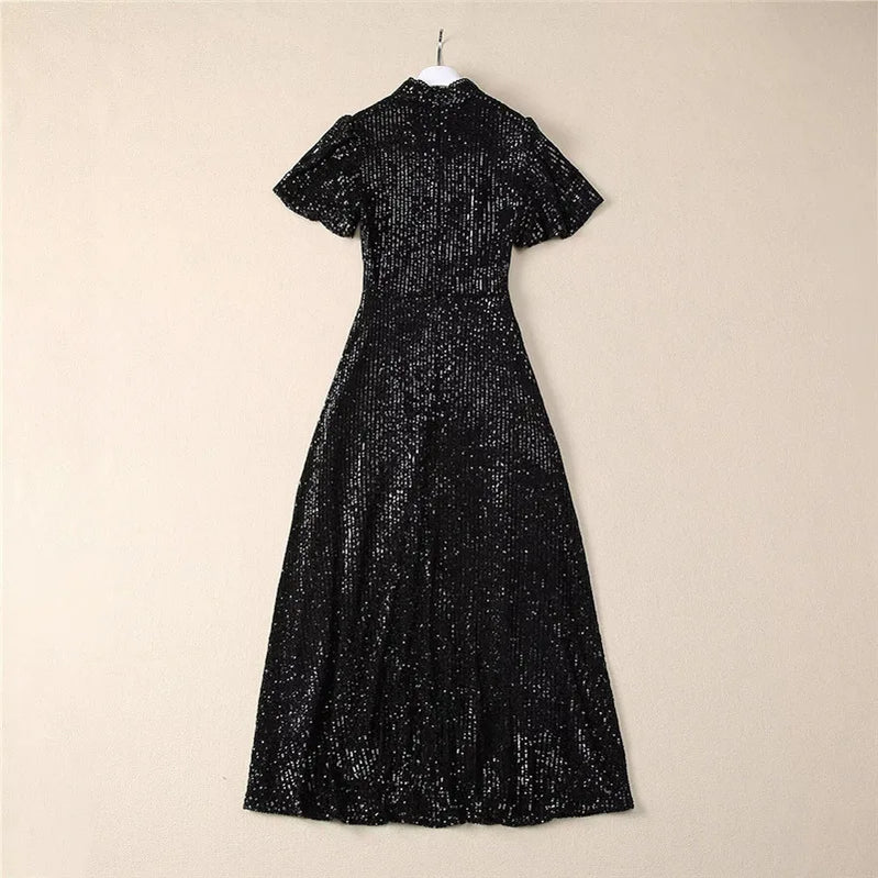 TWOTWINSTYLE Solid Spliced Sequins Fashion Dresses for Women Round Neck Short Sleeves Patchwork Folds Elegant Dress Female New