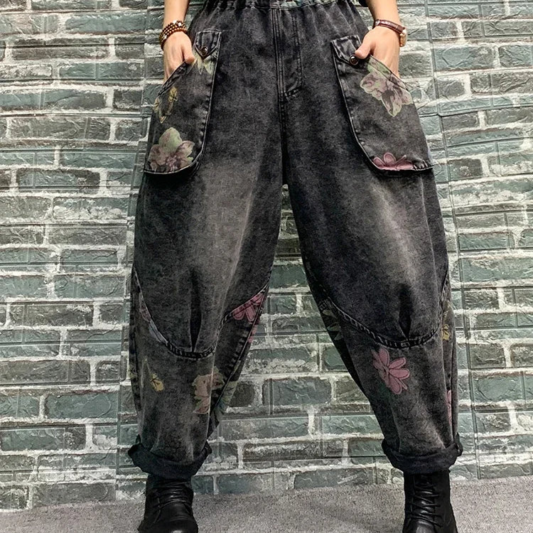 Spring Womens Fashion Jeans Ladies Loose Vintage Printed Denim Pants Females Classic Casual Floral Harem Trousers