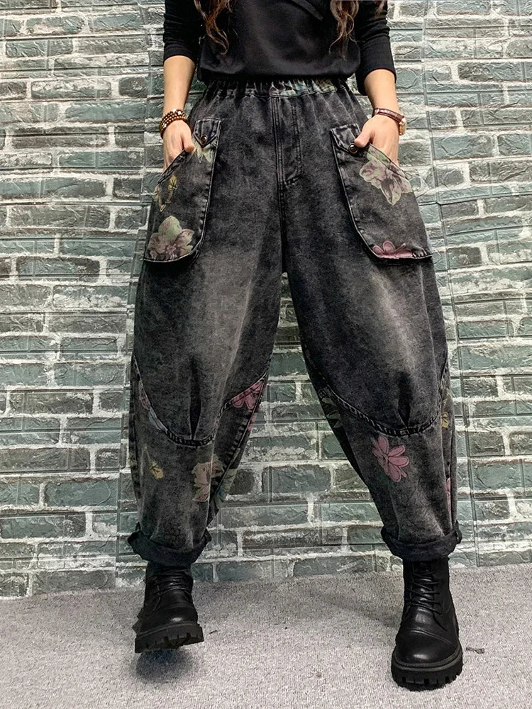 Spring Womens Fashion Jeans Ladies Loose Vintage Printed Denim Pants Females Classic Casual Floral Harem Trousers