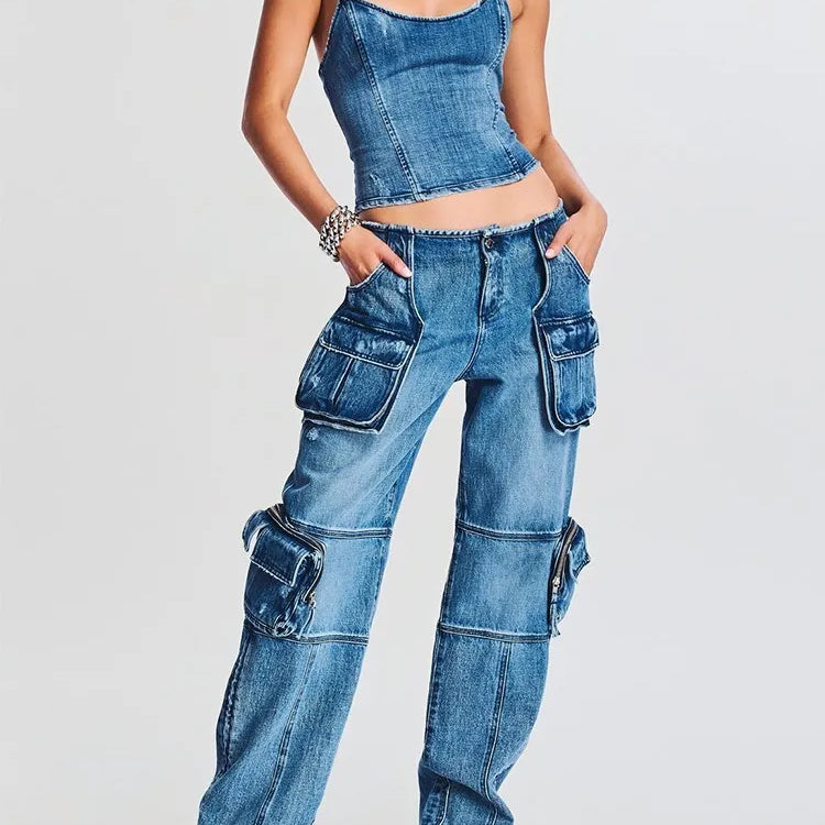 Denim Vintage Two Piece Sets For Women Strapless Sleeveless Tops High Waist Spliced Pockets Pant Casual Set Female