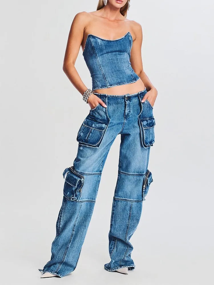 Denim Vintage Two Piece Sets For Women Strapless Sleeveless Tops High Waist Spliced Pockets Pant Casual Set Female