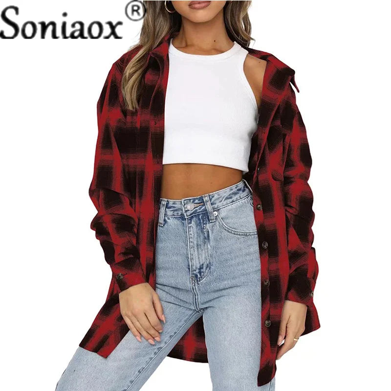 Flannel Plaid Shirt Women Autumn Loose Button Up Lapels Tops Casual Checkered Long Sleeve Blouse Ladies Pockets Basic Female New Red