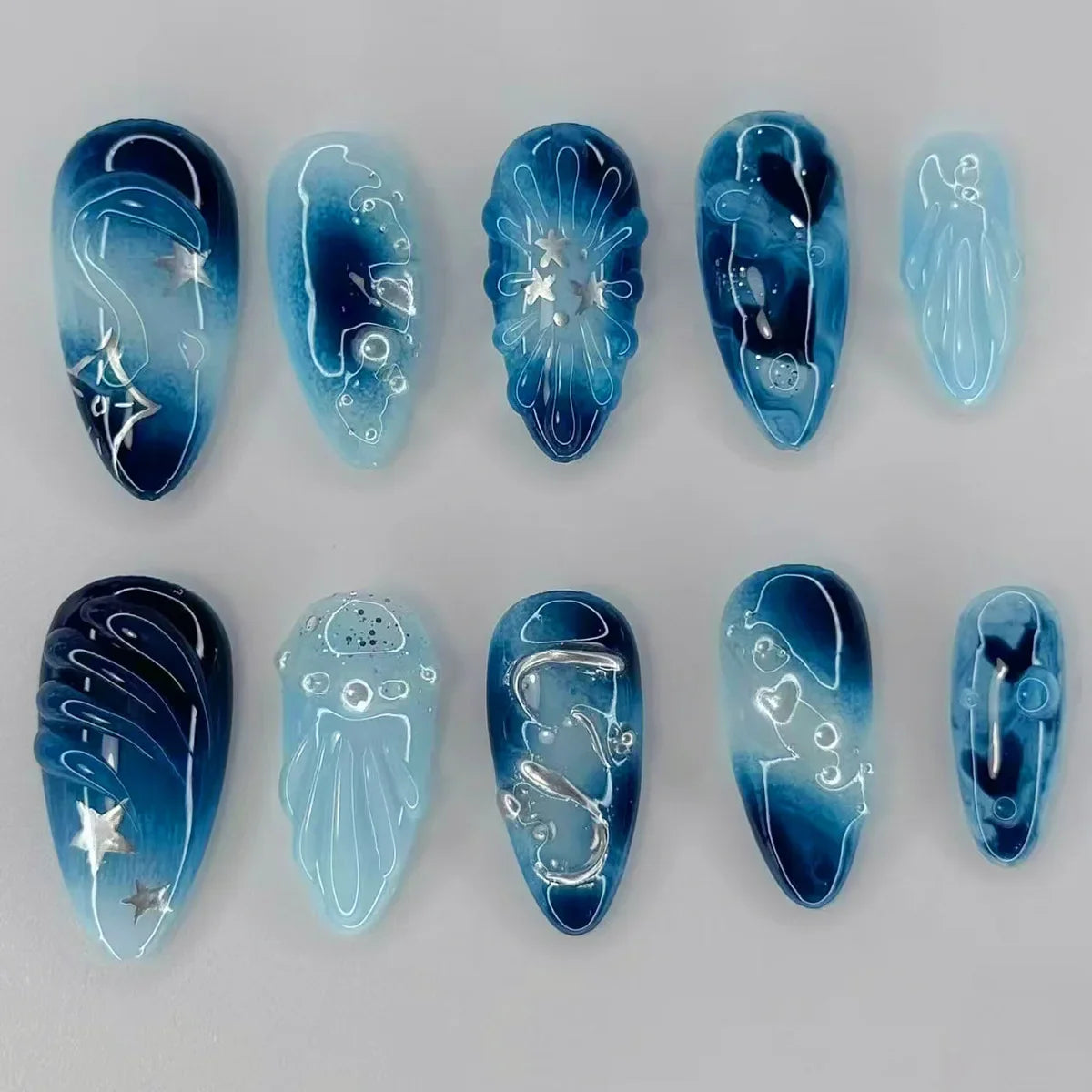 24Pcs Almond Fake Nail with Star and Moon Design Mid-length Round Head Press on False Nails Wearable Full Cover Nail Tips
