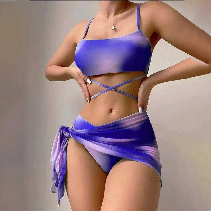 Sexy Womens 3 Pieces Bikini Set Tie Dye Swimsuit Beachwear Summer Fashion Push Up Comfortable Mesh Skirt Suit for Ladies
