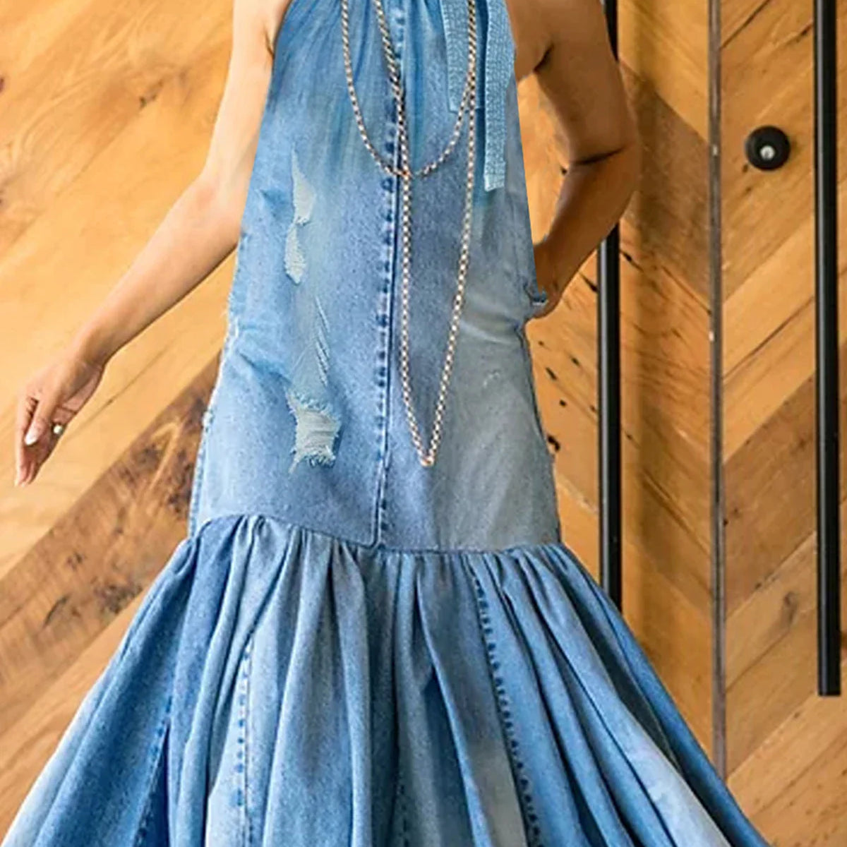 PLUS SIZE Fashion Denim Long Dress Sexy Women Bow Halter Swing Sundress Holiday Sleeveless Robe Casual Loose Mermaid Maxi Dress