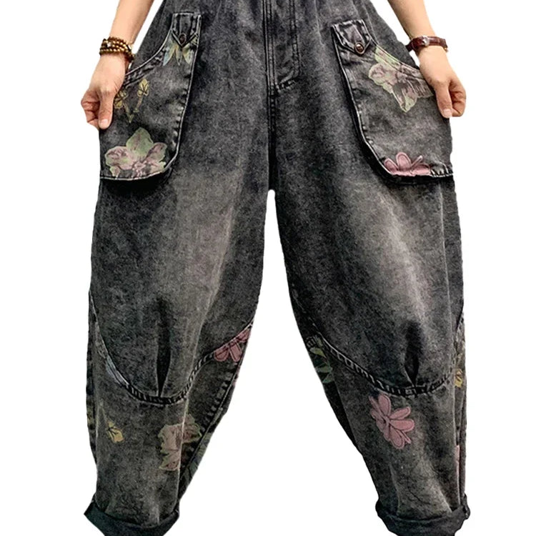 Spring Womens Fashion Jeans Ladies Loose Vintage Printed Denim Pants Females Classic Casual Floral Harem Trousers