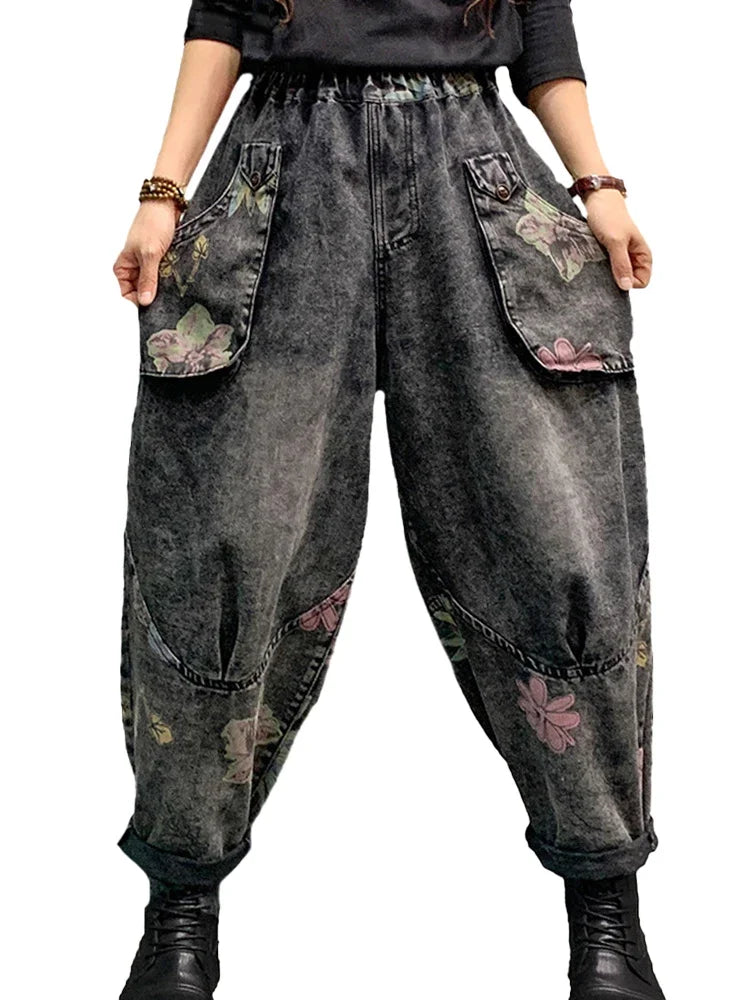 Spring Womens Fashion Jeans Ladies Loose Vintage Printed Denim Pants Females Classic Casual Floral Harem Trousers