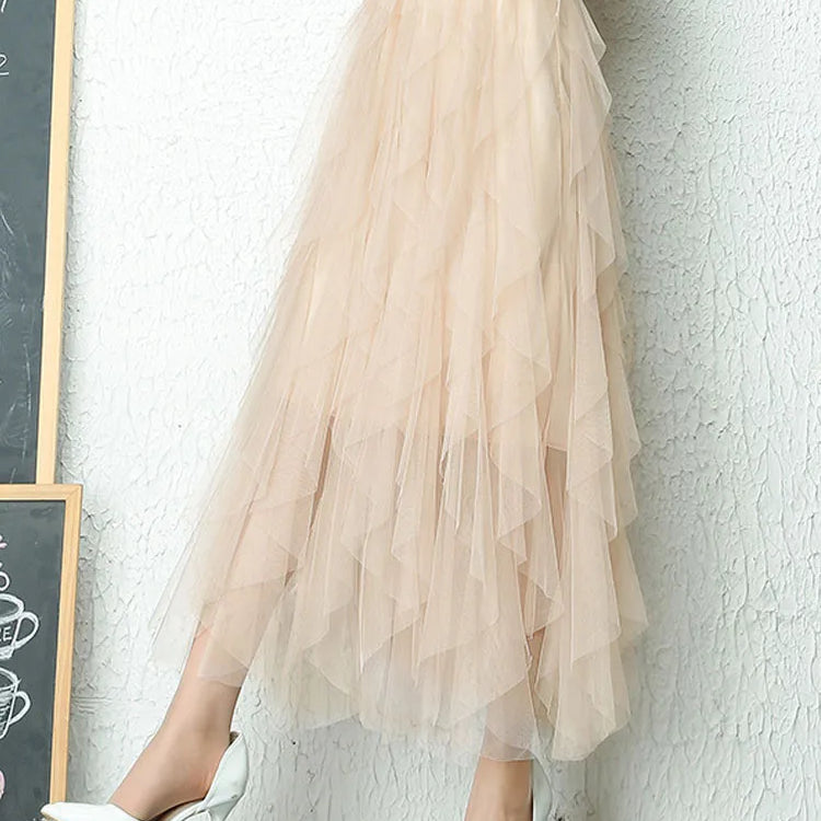Fashion Tutu Tulle Skirt Women Long Maxi Skirt Spring Summer Korean Black Pink High Waist Pleated Skirt Female
