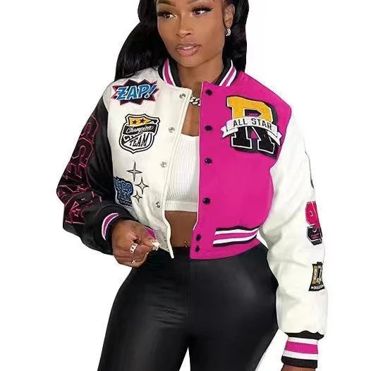 Overcoat Casual Letter Print Patchwork Jacket Round Neck Regular Fit Blazer Women Y2k Style Fall Coat Autumn Winter Short Jacket Rose