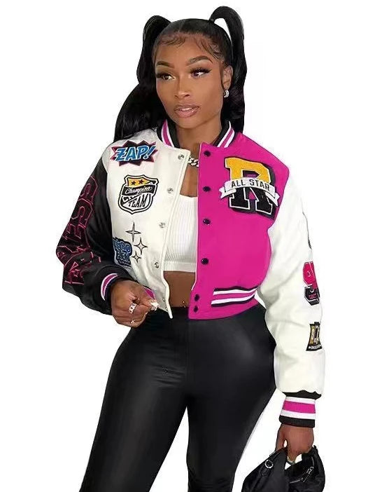 Overcoat Casual Letter Print Patchwork Jacket Round Neck Regular Fit Blazer Women Y2k Style Fall Coat Autumn Winter Short Jacket Rose