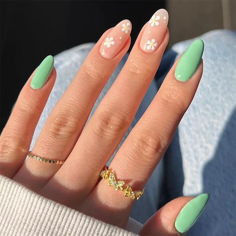 24Pcs Almond Green Press on Fake Nails with Glue Simple Oval Manicure Set Short Flowers Design False Nails Full Cover Nail Tips