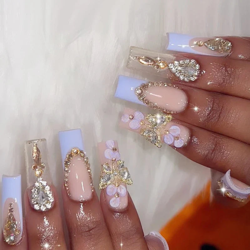 24Pc Purple Elegant Ballet Square Press-On French Nail Tips with 3D Butterfly&Floral Design Romantic Glitter Nail for Party Wear