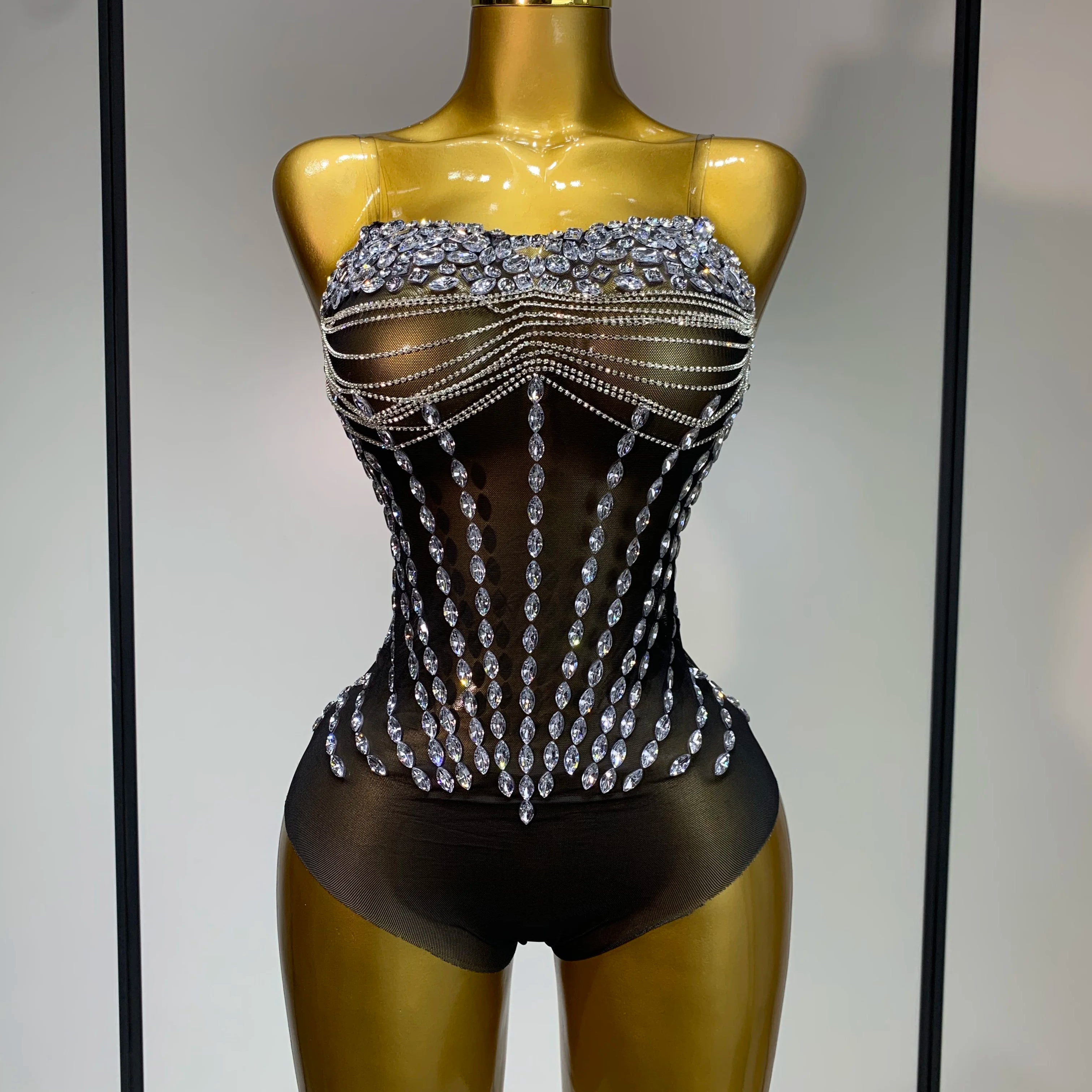 Women Sexy Strapless Rhinestone bodysuit Skirt Three Piece Set Celebrity Elegant Evening Party Birthday Dresses Stage Costume