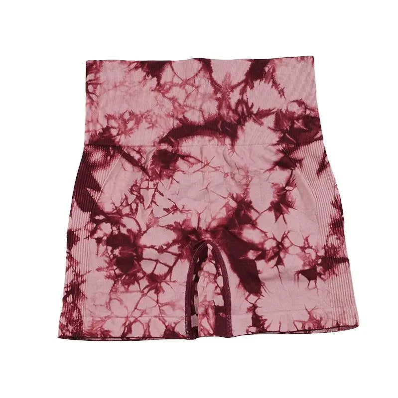 CHRLEISURE Tie Dye Women Shorts Seamless Yoga Tight Butt Lifting Workout Cycling Sweatpants High Waist Elastic Sports Leggings Wine