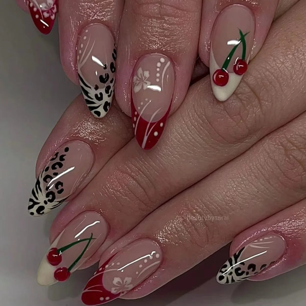 24pcs Flower Press on Nails Spring Butterfly Flower Stick on Nail Tips Wearable Colorful Long Almond False Nails Art Fake Nail