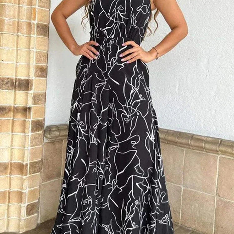 Women's Elegant Waist Halter Jumpsuit Casual Print Tie Sleeveless Wide Leg Long Pant Summer Clothing Black white