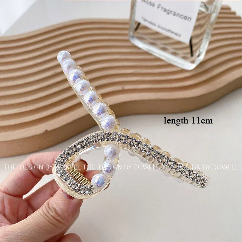 Elegant Big Pearl Hair Claws for Women Korean Acrylic Hair Clips Girls Large Size Barrette Shark Clip Fashion Hair Accessories 11cm rhinestone
