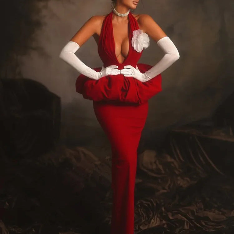 Women Celebrity Sexy Halter Backless Red Flower Maxi Long Bodycon Bandage Dress 2025 Elegant Evening Club Party Dress