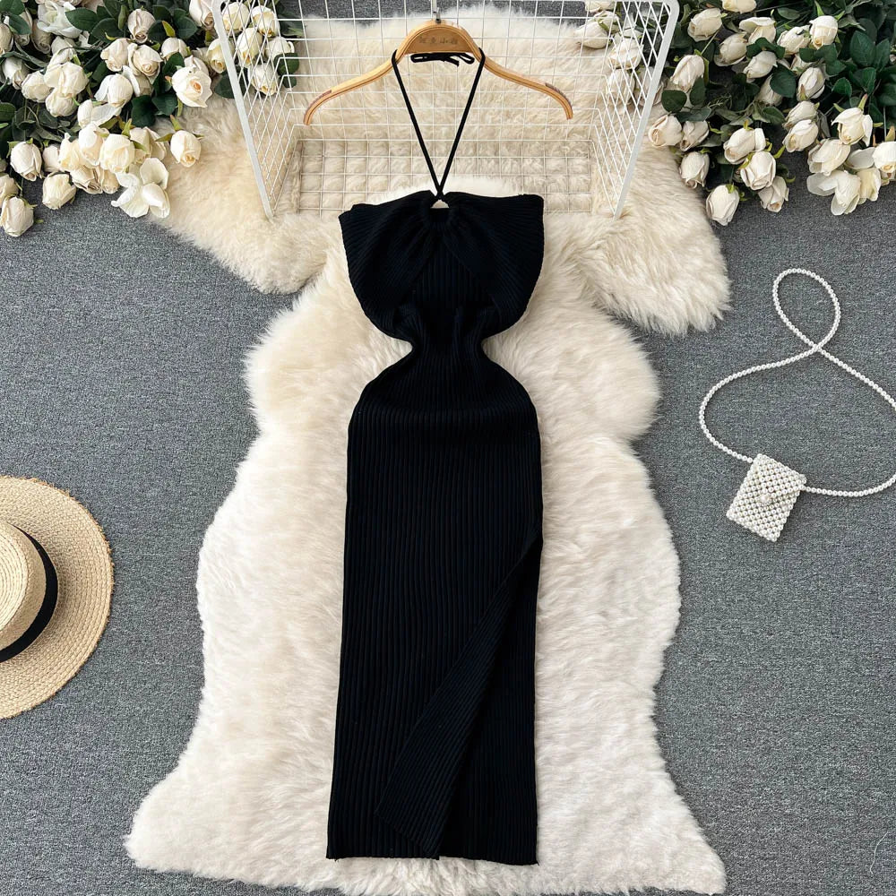 Chic Fashion Sexy Package Hips Split Knitted Summer Dress Women Slim Elastic Bodycon Party Dress Streetwear Outfits black One Size