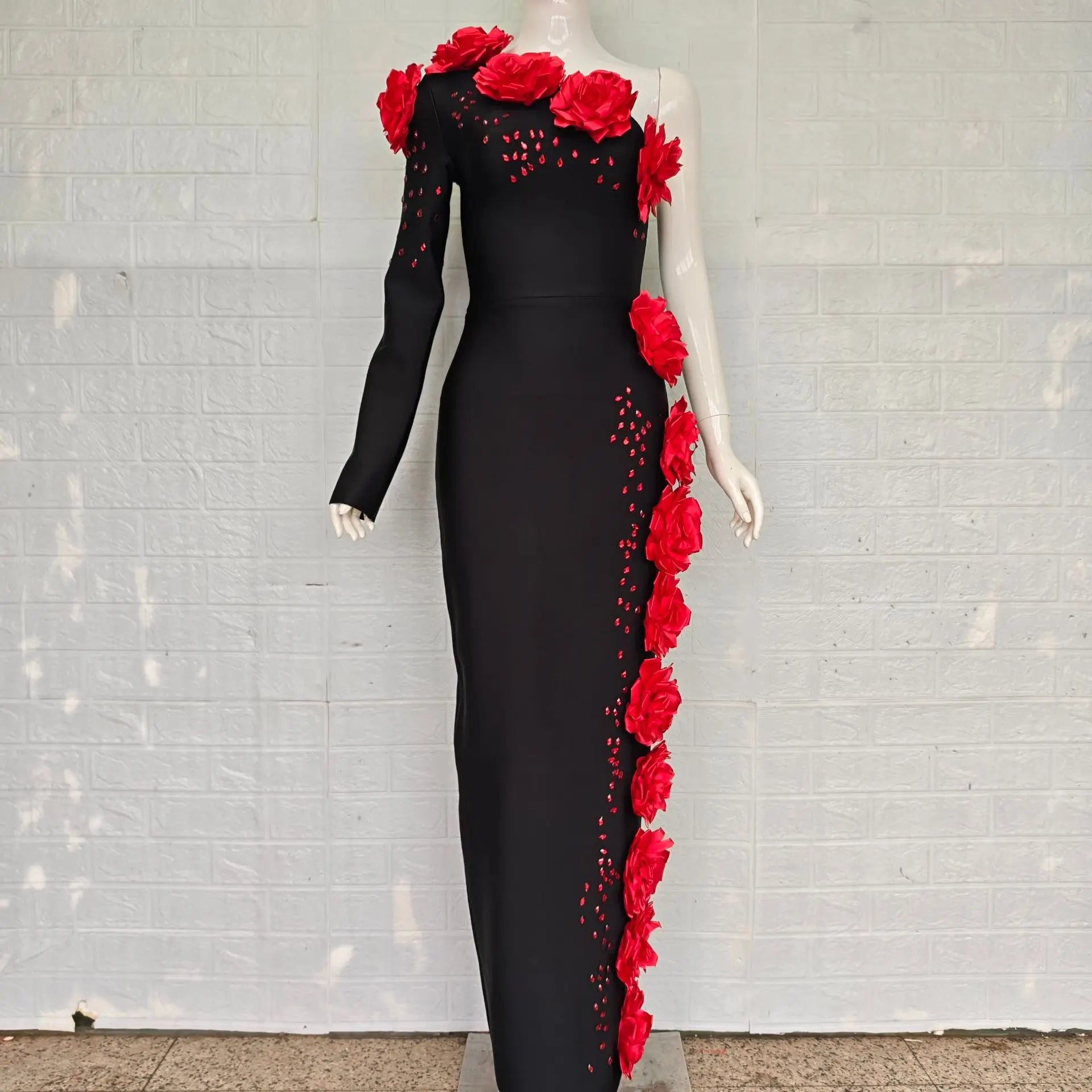 Women Sexy One Shoulder Long Sleeve Red Florlas Rhinestones Bodyocn Long Bandage Dress Nightclub Party Celebrate Birthday Wear