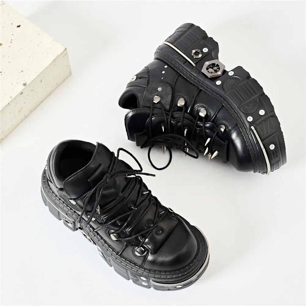 Punk Women Lace-Up Ankle Botas Mujer 2025 Rivet Metal Decoration Round Toe Thick Bottom Boots Woman Nightclub Rock Platform Shoe