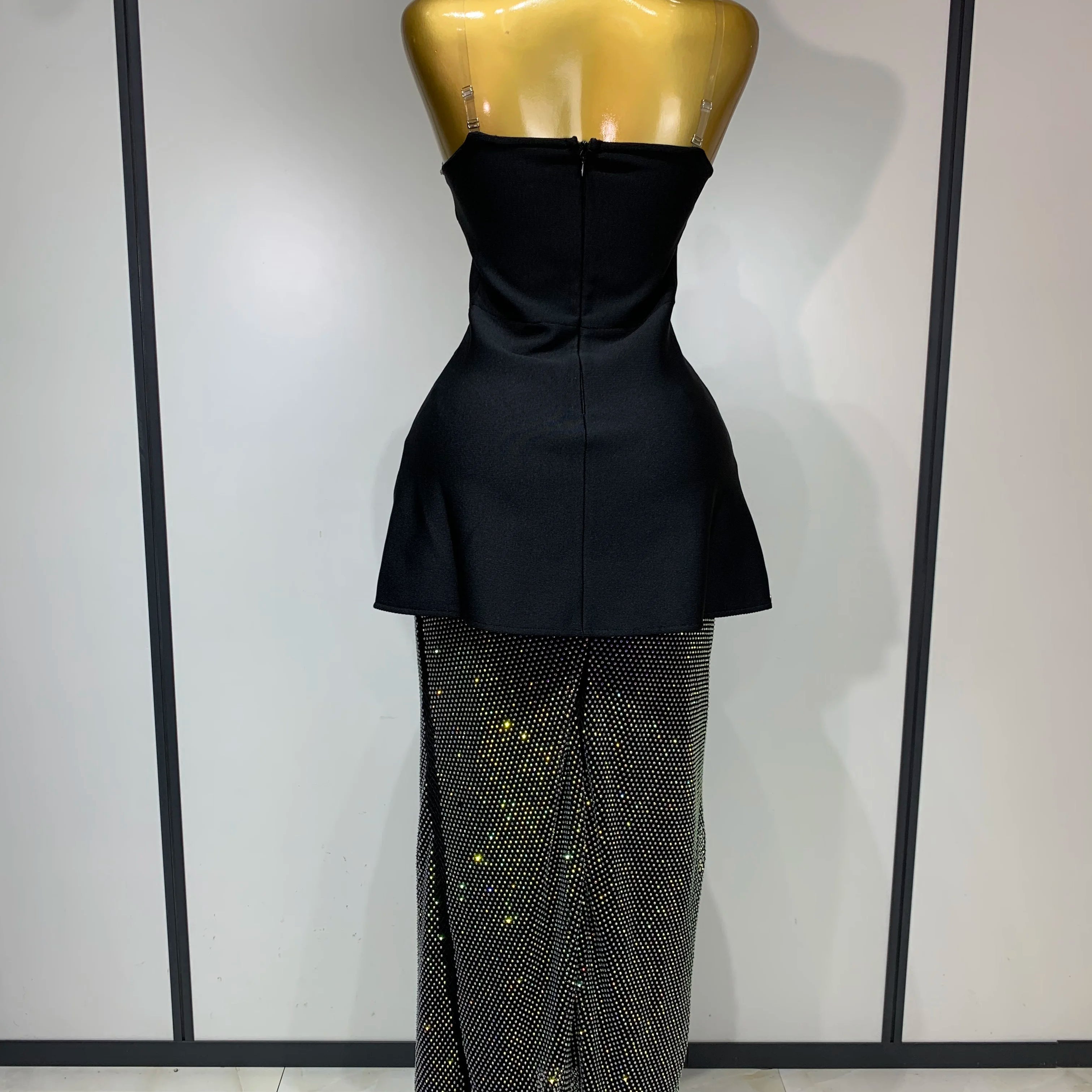 High Quality Black Design Sleeveless Rhinestone Top + Hot diamond Skirt Suit Evening Party Dress Nightclub Luxury Birthday Gown