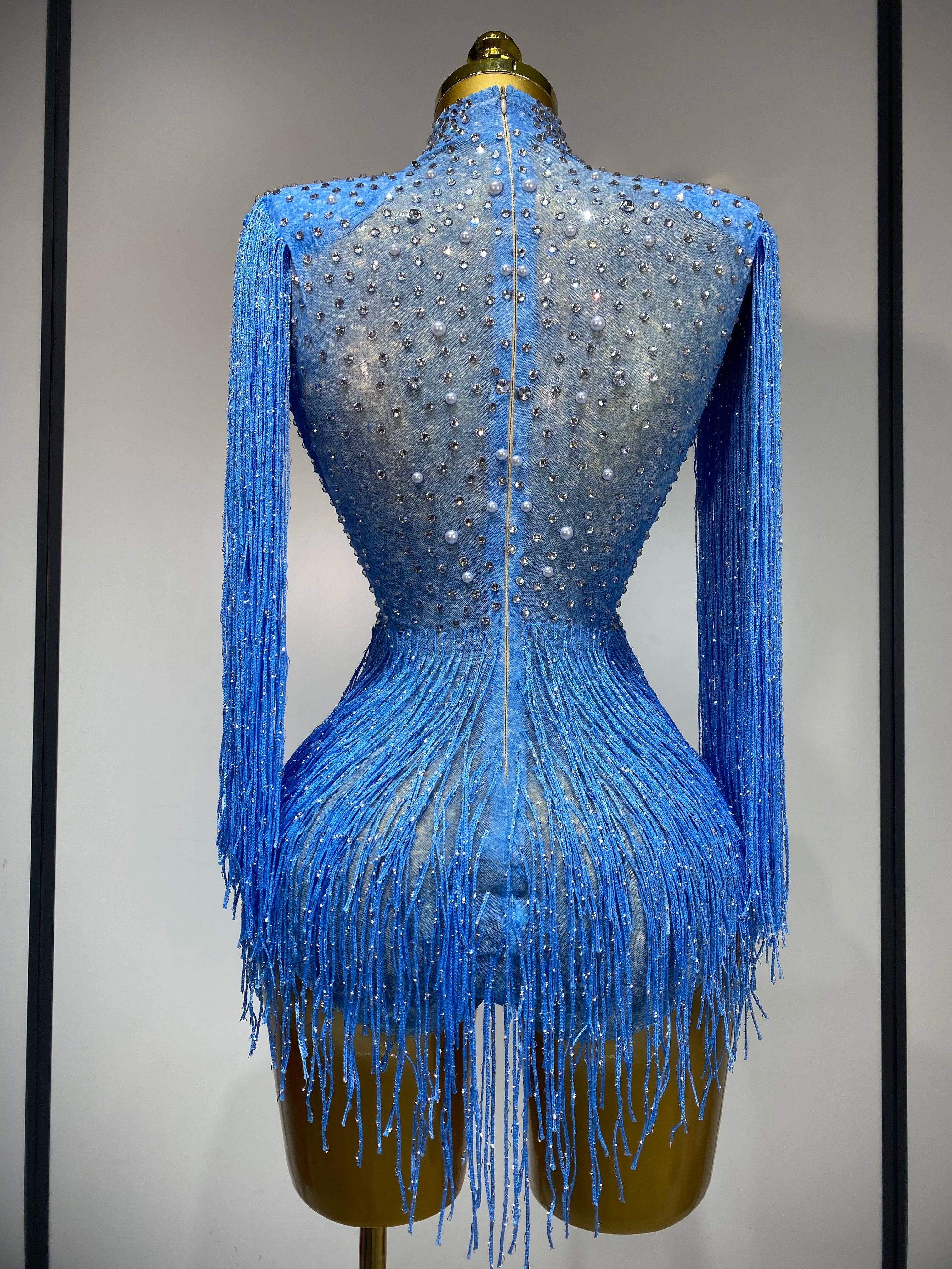 Sparkly Luxury Tassel Bodysuit High Street Strech Transparent Performance Dance Costume Nightclub Celebrate Stage Outfit
