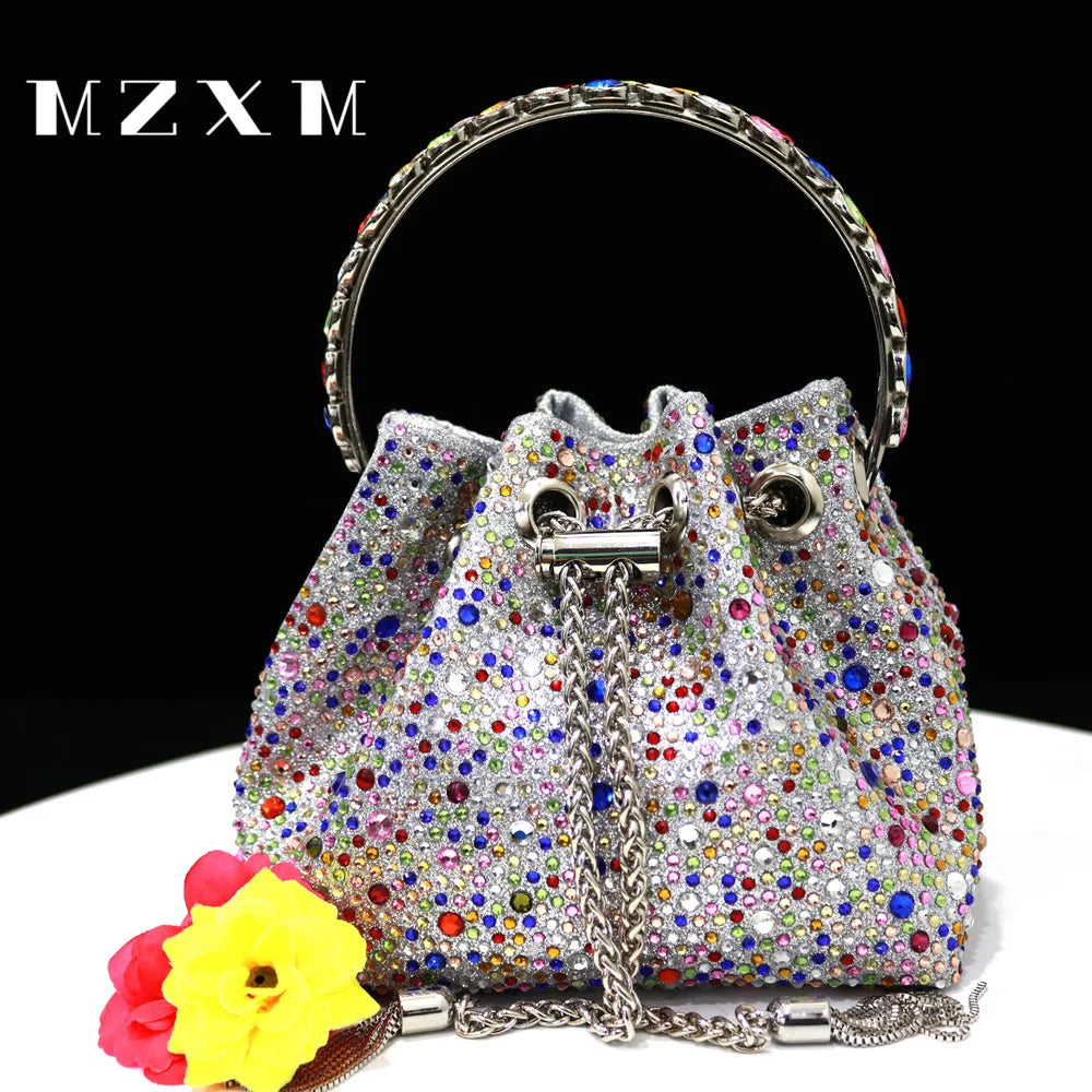 Bucket Wallet Evening Bag for Women Party and Evening Bags with Crystal Rhinestone for Party Wedding Prom Dress Chain Bag Silver 15x9x13cm