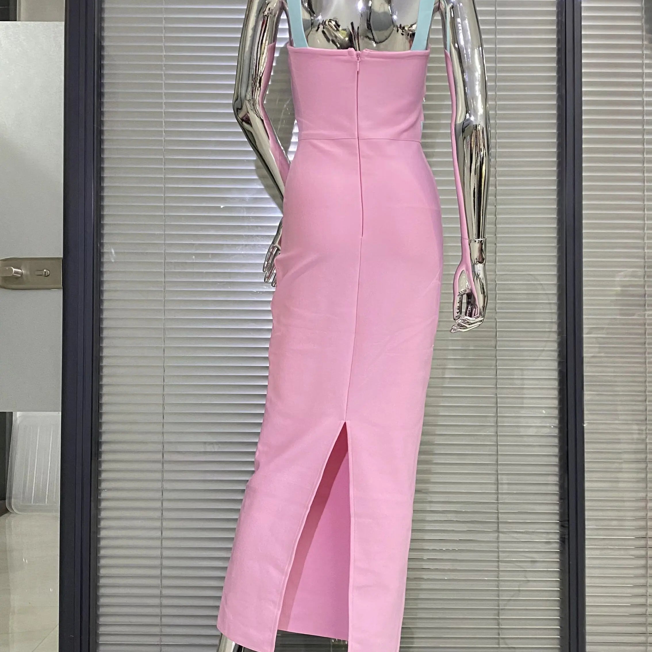 New Arrival Pink Color Sleeveless Spaghetti Strap Long Bandage Dress Graceful Woman Evening Party Dress Dinner Party Vestido