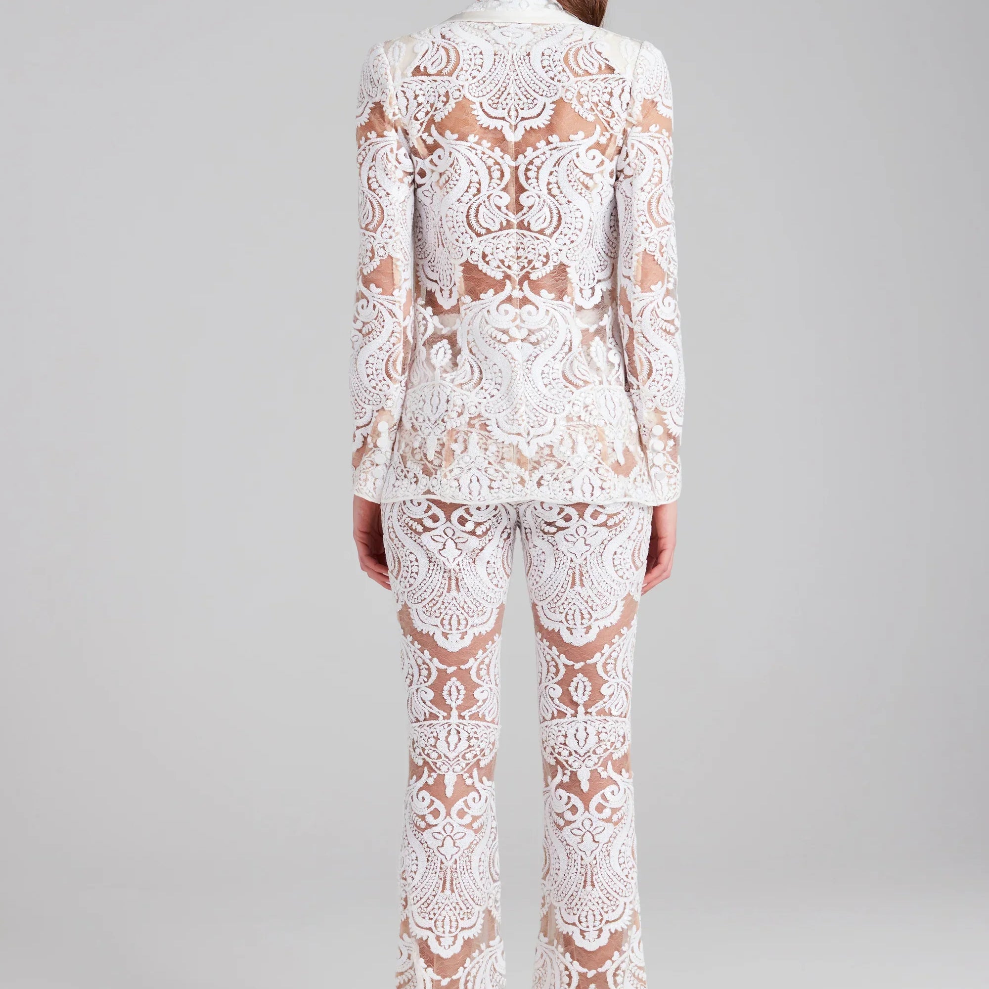 2023 High Quality White Lace Fashionable Woman Set Sexy See Through Suit Coat And Flare Pants 2 Pieces Evening Party Outfit