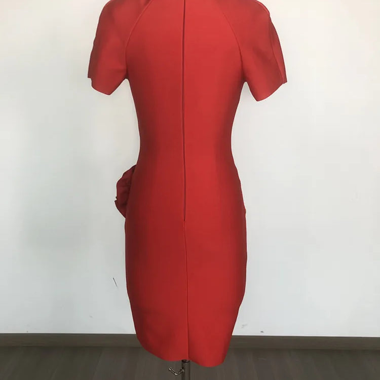 Women Celebrity Sexy Short Sleeve Red Flower Mini Flower Bodycon Bandage Dress 2025 Elegant Evening Club Party Outfit