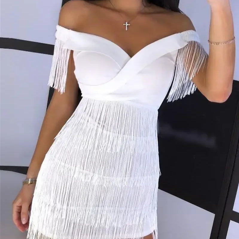 New Winter Women Solid Slash Neck Sleeveless Dress Empire Tassel Sheath Mini Dress Sexy Night Club Wear Bandage Dresses LZR3399