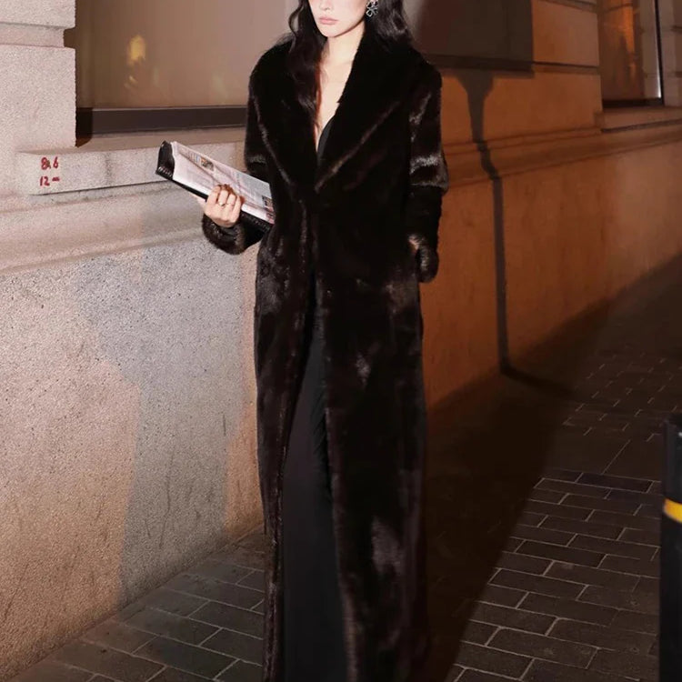 Autumn Winter Extra Long Thick Warm Faux Mink Fur Coat Women Shawl Collar Soft Maxi Elegant Fluffy Furry Overcoat 2023