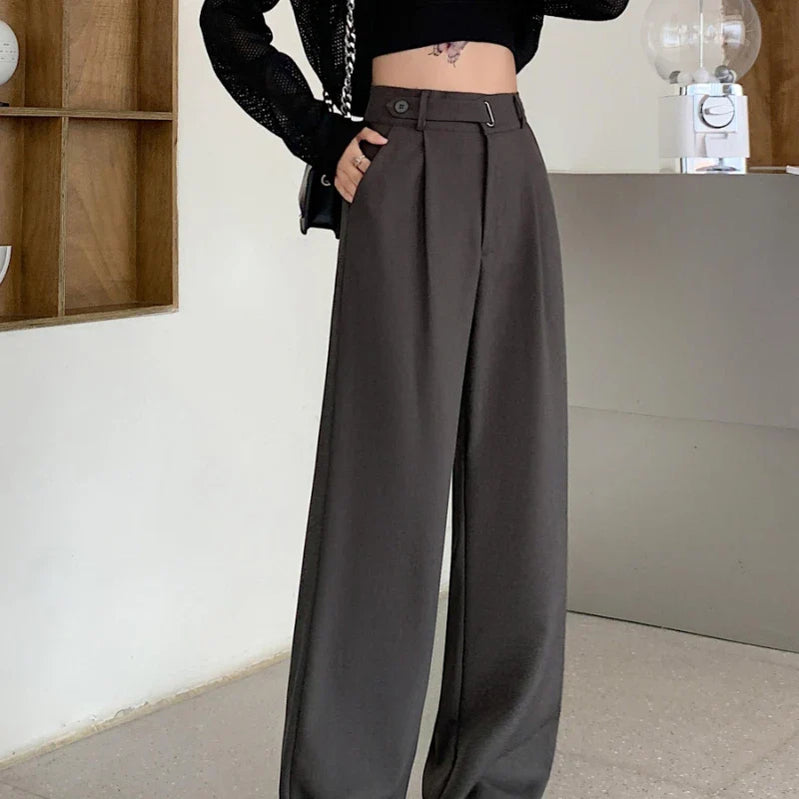 Seoulish High Waist New Suit Wide Leg Women‘s Full Pants Spring Summer Female Elegant Minimalism Straight Loose Trousers Dark Grey(regular)