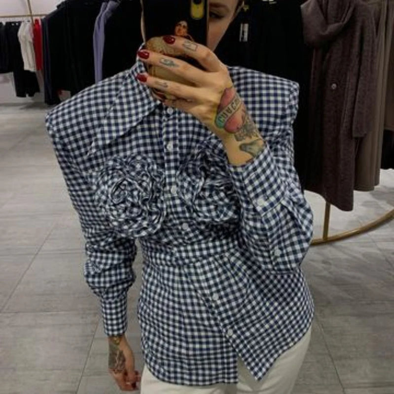 Fairy Grunge 3D Floral Plaid Shirt 90s Vintage Long Sleeve Lapel Button Women Shirt French Aesthetic Trendy Fashion Streetwear