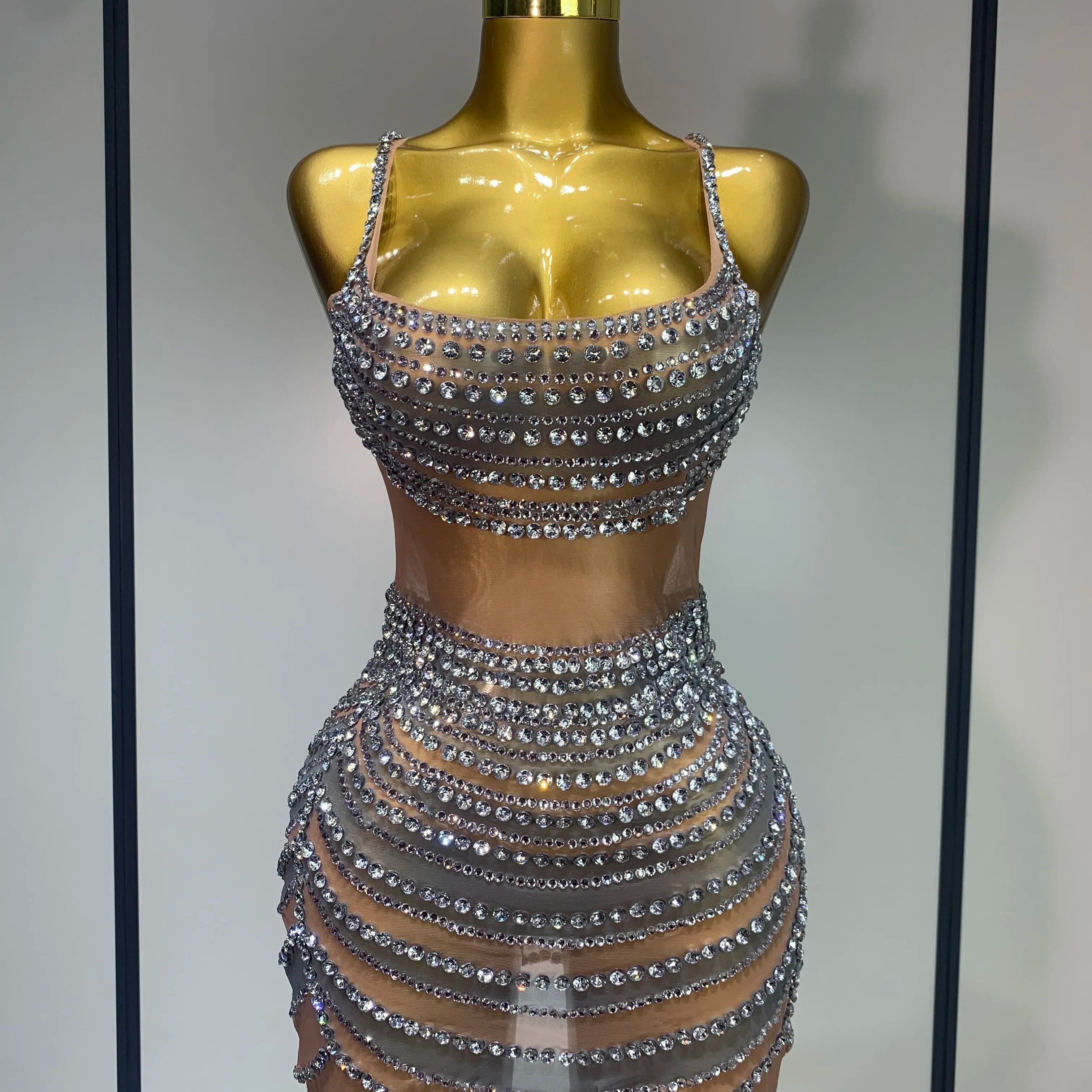 Sparkly Rhinestones Sleeveless Mini Dress Evening Birthday Celebrate Evening Party Dress Nightclub Stage  Performance Costume