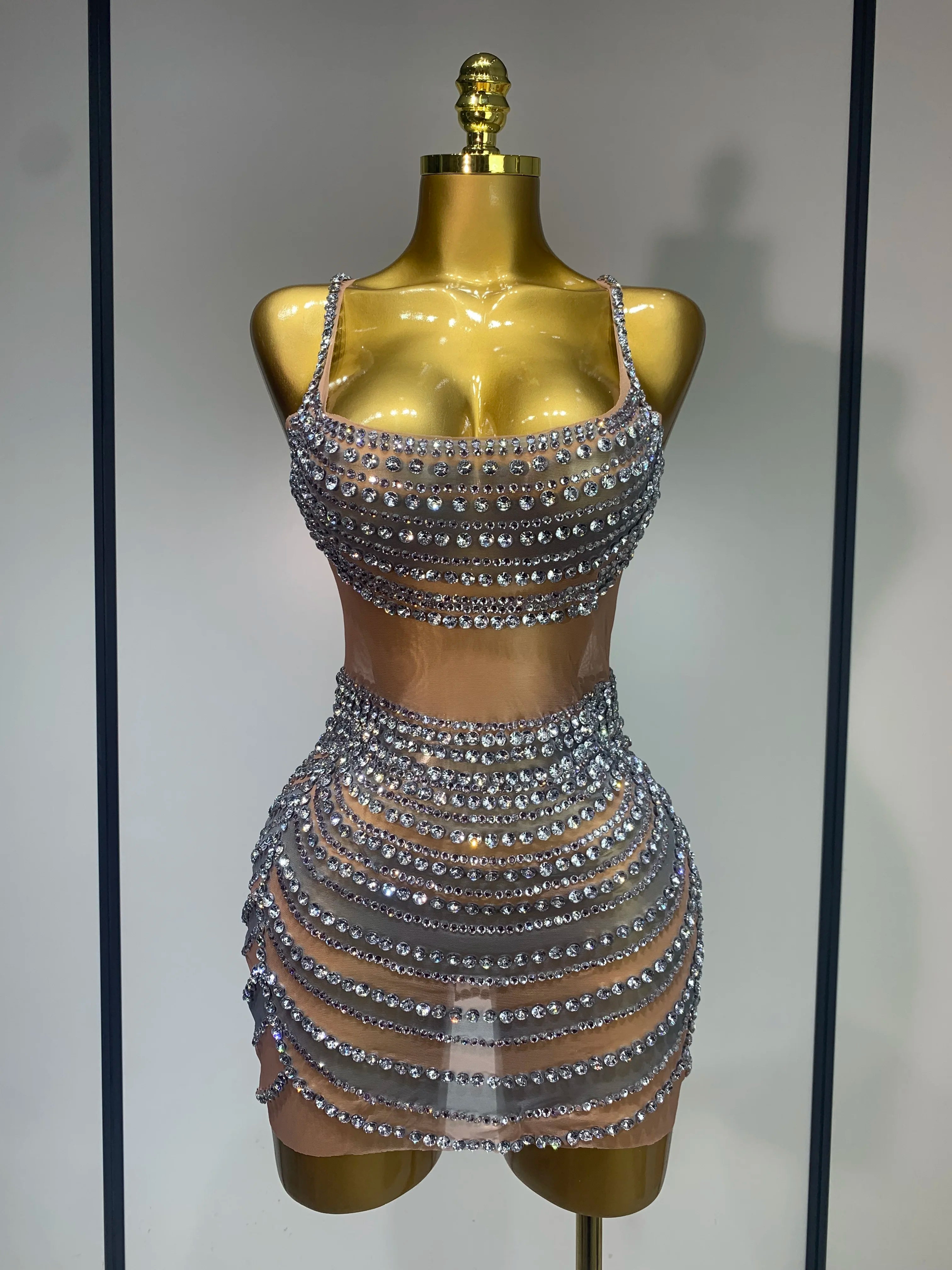 Sparkly Rhinestones Sleeveless Mini Dress Evening Birthday Celebrate Evening Party Dress Nightclub Stage  Performance Costume