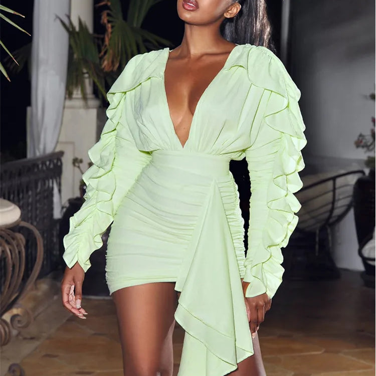 Yellow Green Women Butterfly Sleeve Sexy Deep V-Neck Bodycon Mini Dress Fashion Nightclub Party Dress