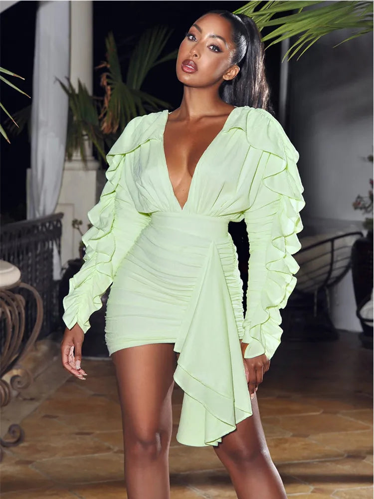 Yellow Green Women Butterfly Sleeve Sexy Deep V-Neck Bodycon Mini Dress Fashion Nightclub Party Dress