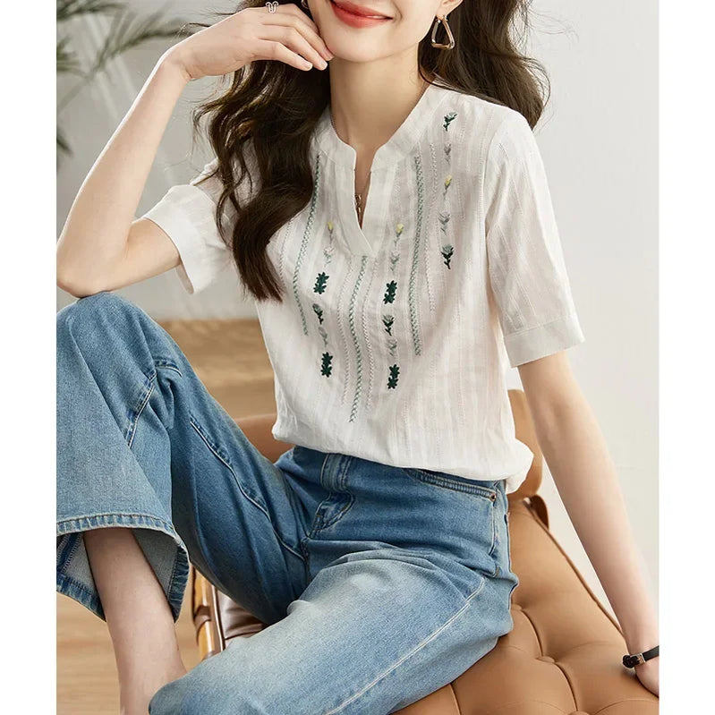 Cotton Short Sleeve Shirt Women Female Summer Tops Straight Floral Embroidery Ladies French Shirts & Blouses